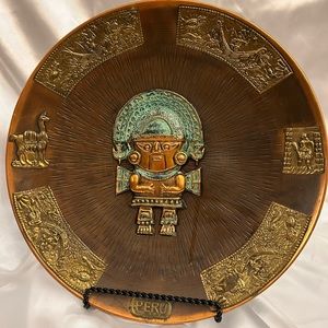 Vintage Large 13”Peruvian Tumi Wall Hanging Plate Metal Possibly Copper.